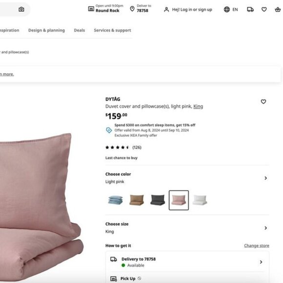 IKEA DYTÅG King Size Light Pink Linen Duvet Cover and 2 Pillowcases - Picture 2 of 12